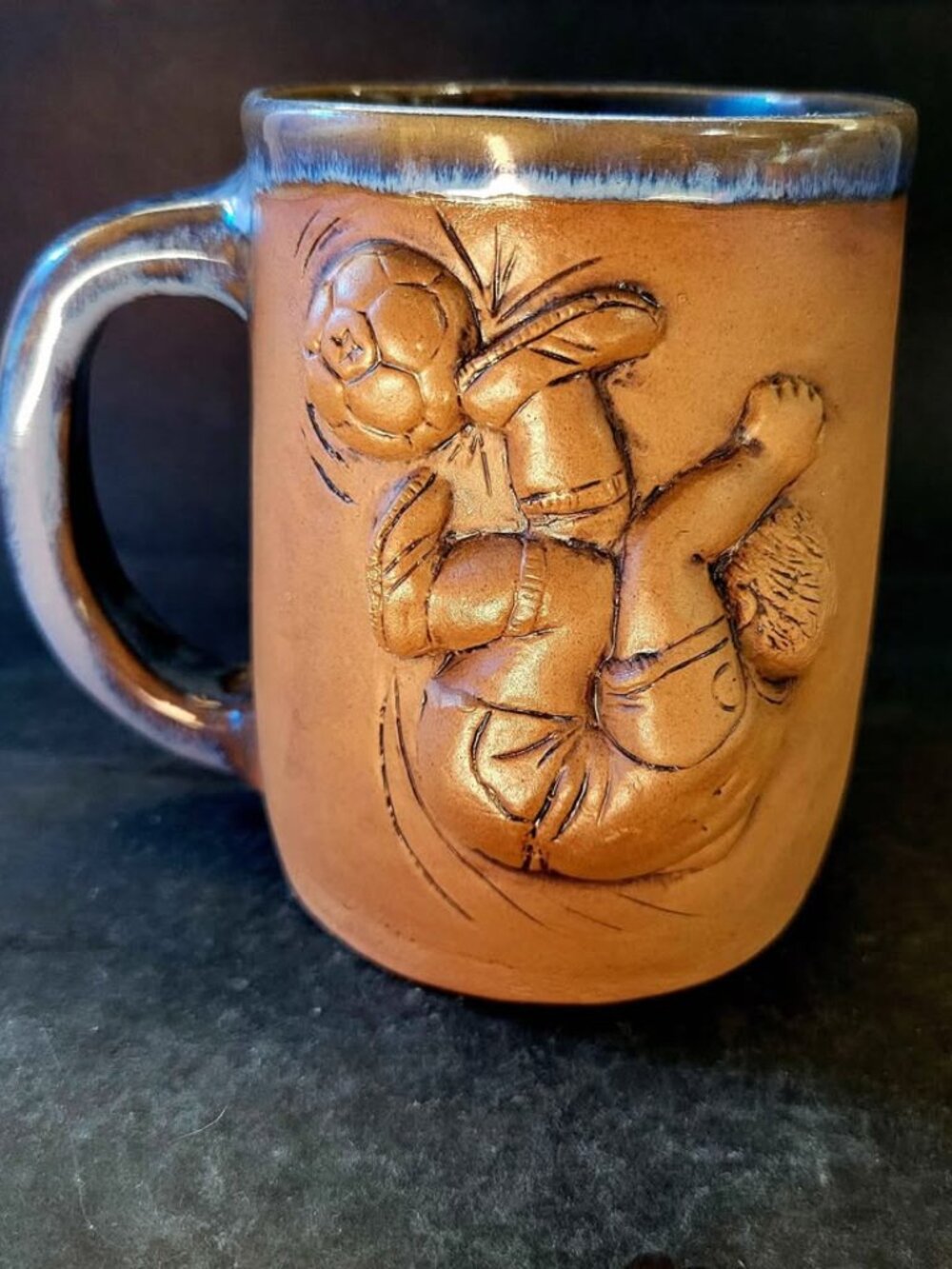 Vintage 1975 N.A. Eastman Studio Art Pottery Mug With a 3D Soccer Player